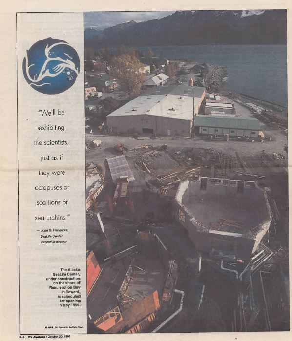 A page from the Anchorage Daily News on October 20, 1996, which reads a quote from the past ASLC Executive Director, "We'll be exhibiting the scientists, just as if they were octopuses or sea lions or sea urchins."